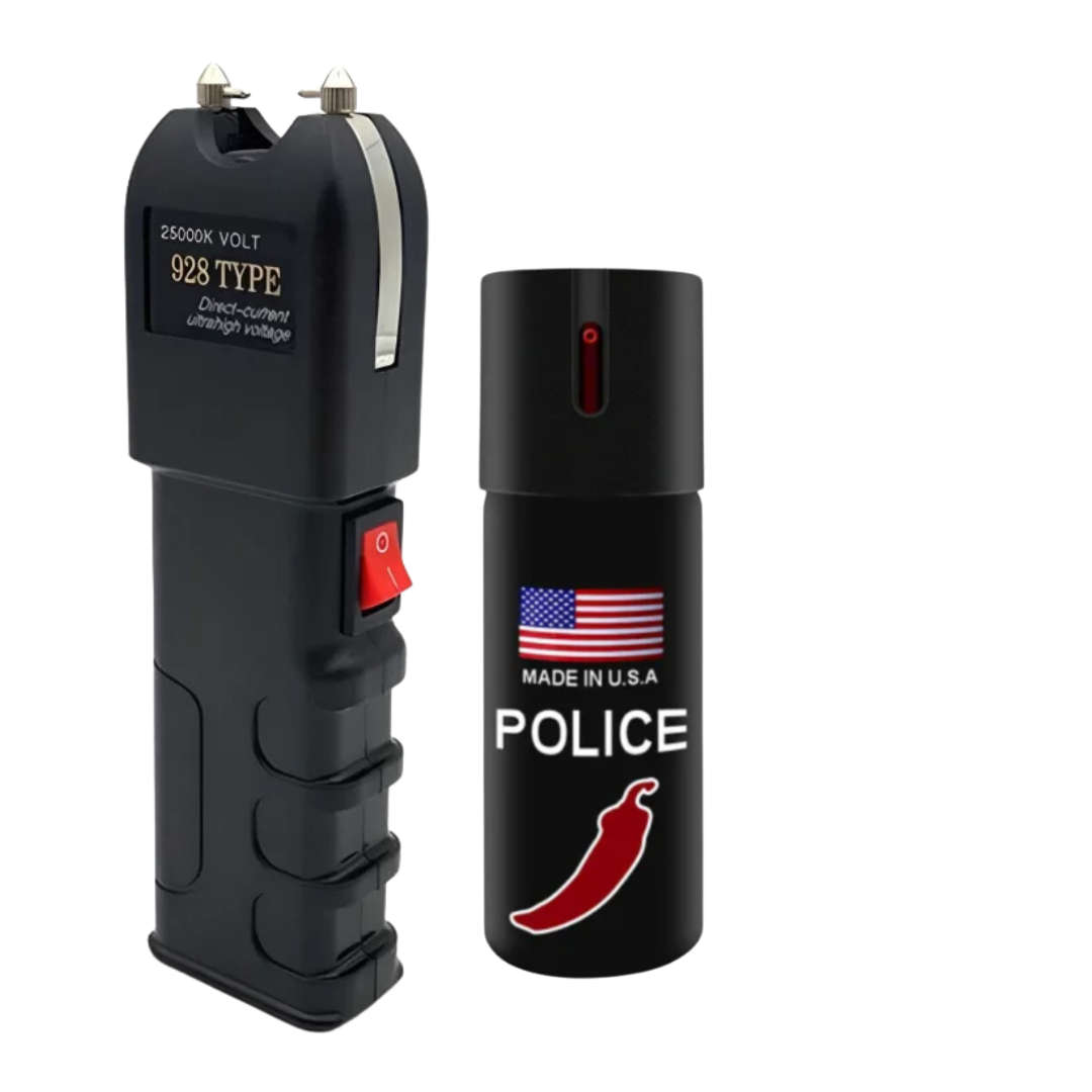 928 Type Self Defense Electric Shocker Flashlight with 1x110ml Pepper Spray