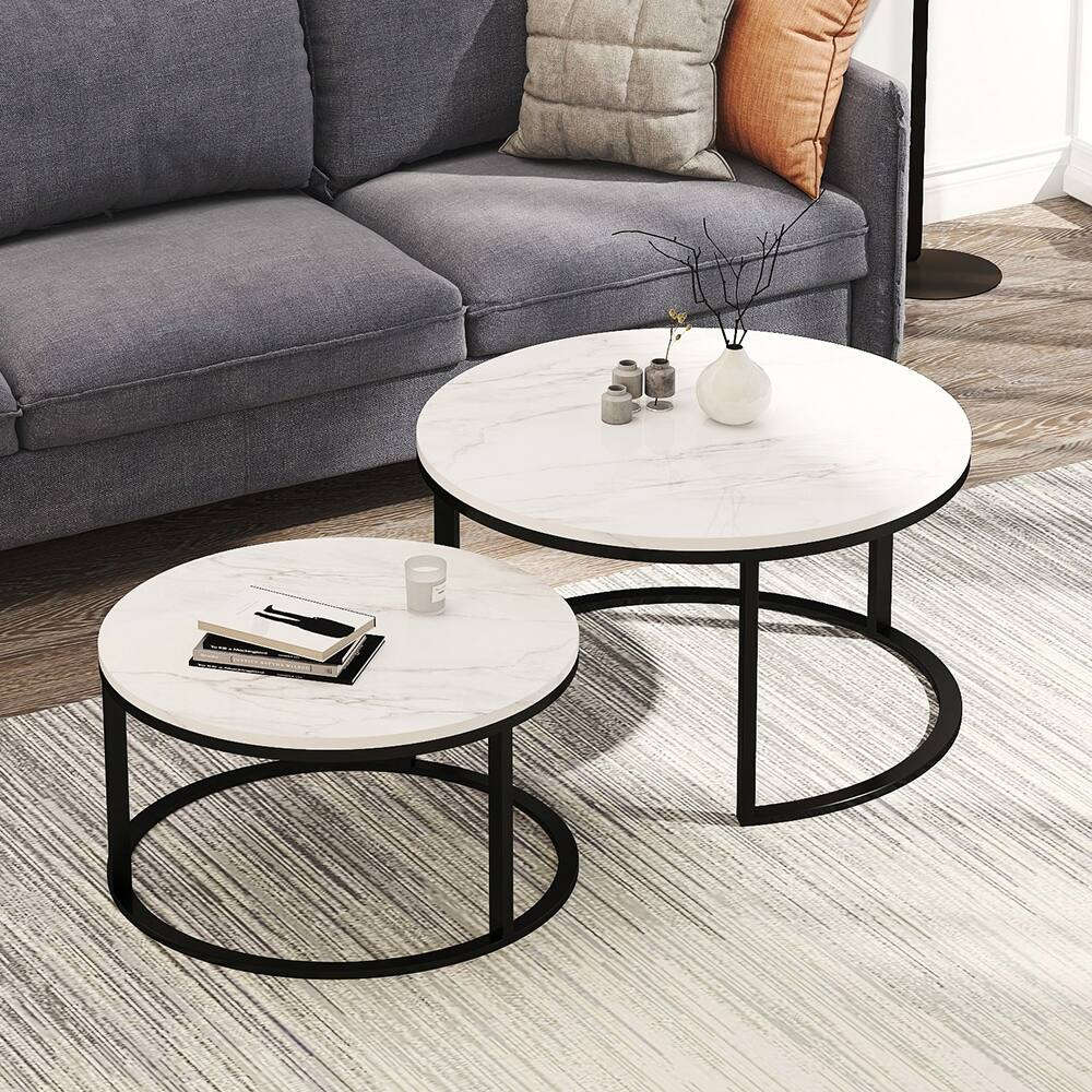 Coffee Tables- Nesting 2 Pack  Rounded Marble Top  White / Black Colours