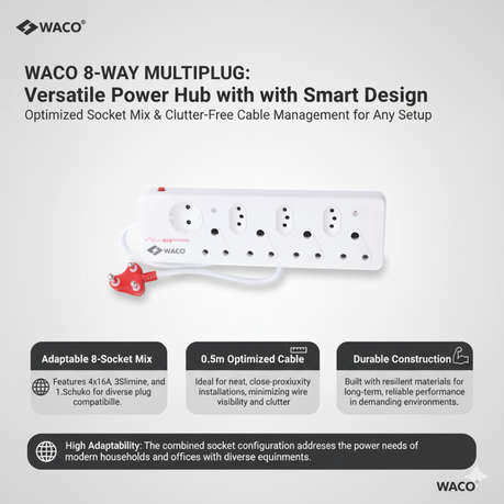 Waco - 8 Way Multiplug with Surge Protection and Shutters - Waco - 8 Way Multiplug with Surge Pro...
