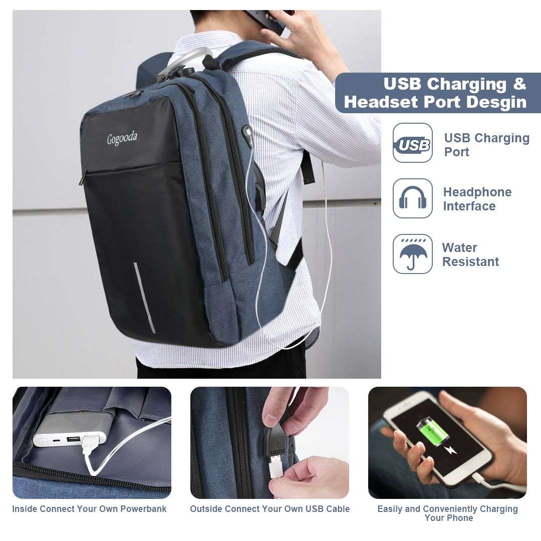 Anti-theft Travel Backpack Laptop School Bag with USB Charging Port - Navy Blue