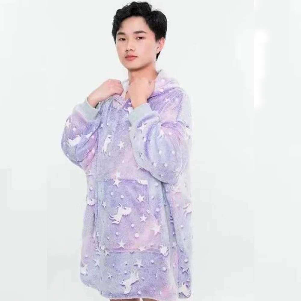 Glow in the Dark Oversized Hooded Blanket - Purple Unicorn Pattern