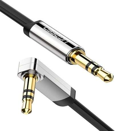 UGreen AV119 Right-angled 3.5mm Flat Aux Cable 2m - Black/Silver - UGreen AV119 Right-angled 3.5m...