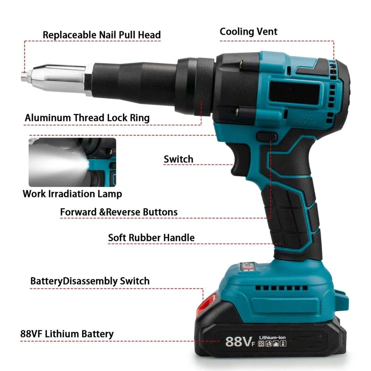 21V Cordless Rivet Gun Kit with Case, 1 Battery& Accessories
