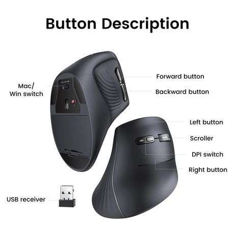 Ugreen - 25444 WiFi / BT 5.0 Vertical Mouse-BK - Ugreen - 25444 WiFi / BT 5.0 Vertical Mouse-BK