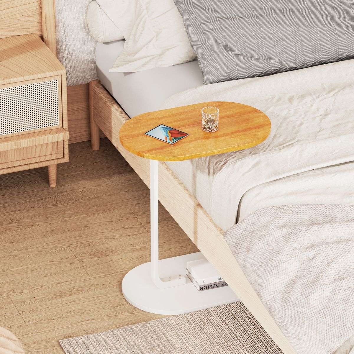 Coffee Table C-Shape Side Table Wooden End Table Couch Table Snack Table - Wood+White
