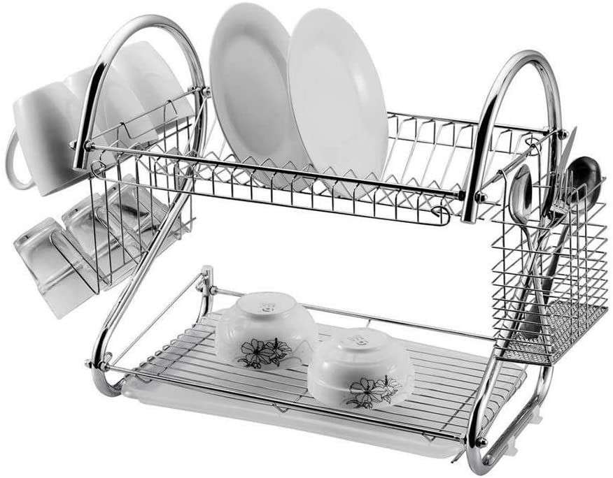 2 Tier Stainless Steel Kitchen Dish Drainer Dishes Drying Rack Organizer