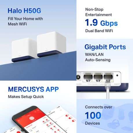 Mercusys - Halo H50G (2-Pack) AC1900 Whole Home Mesh Wi-Fi System - Mercusys - Halo H50G (2-Pack)...