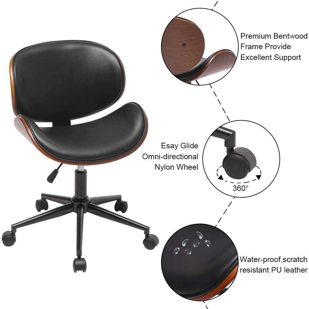 Ergonomic U-type Backrest Wood 360° Swivel Office Chair With Gas lift - Black Colour