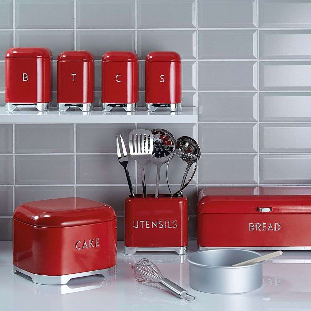 Breadbin with 3 Piece Matching Canister Set - Red, Gold