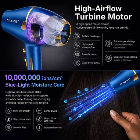 High-Airflow Ionic Hair Dryer with 6 Settings & 2 Nozzles, Blue/Gold
