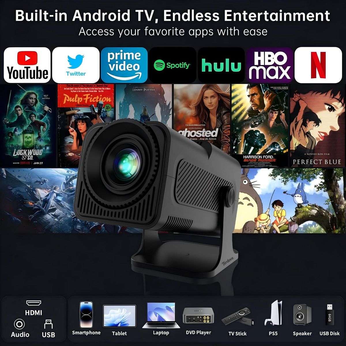 Terdove-Portable LED Projector with WiFi & Bluetooth&Home Theater Projector