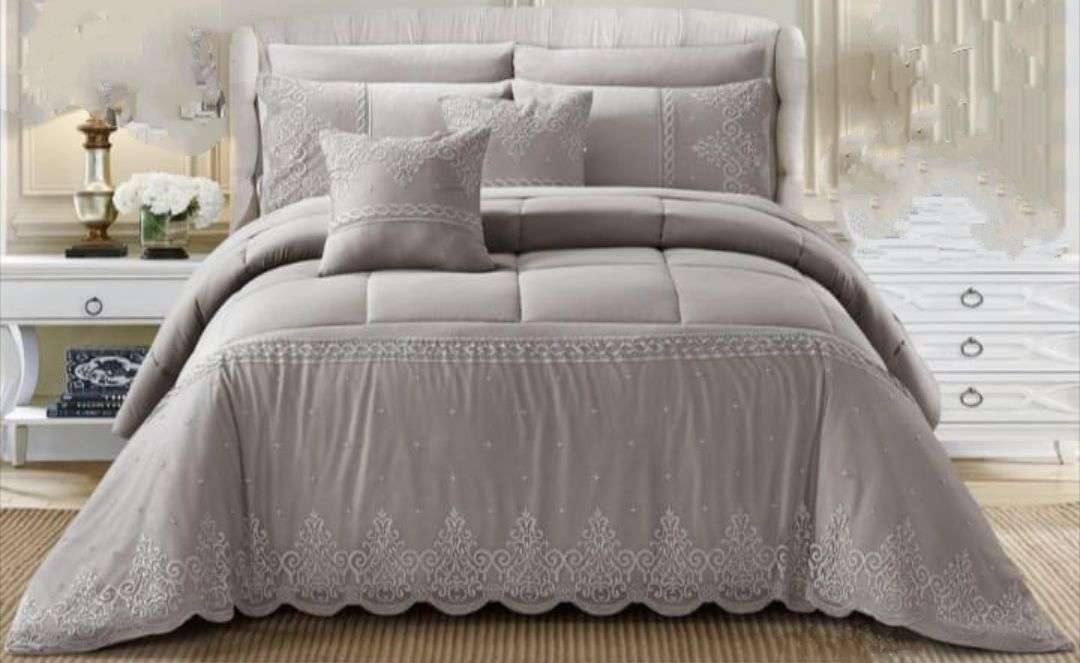 7 Piece King Size Stylish Print Lace Design Comforter Set - Grey
