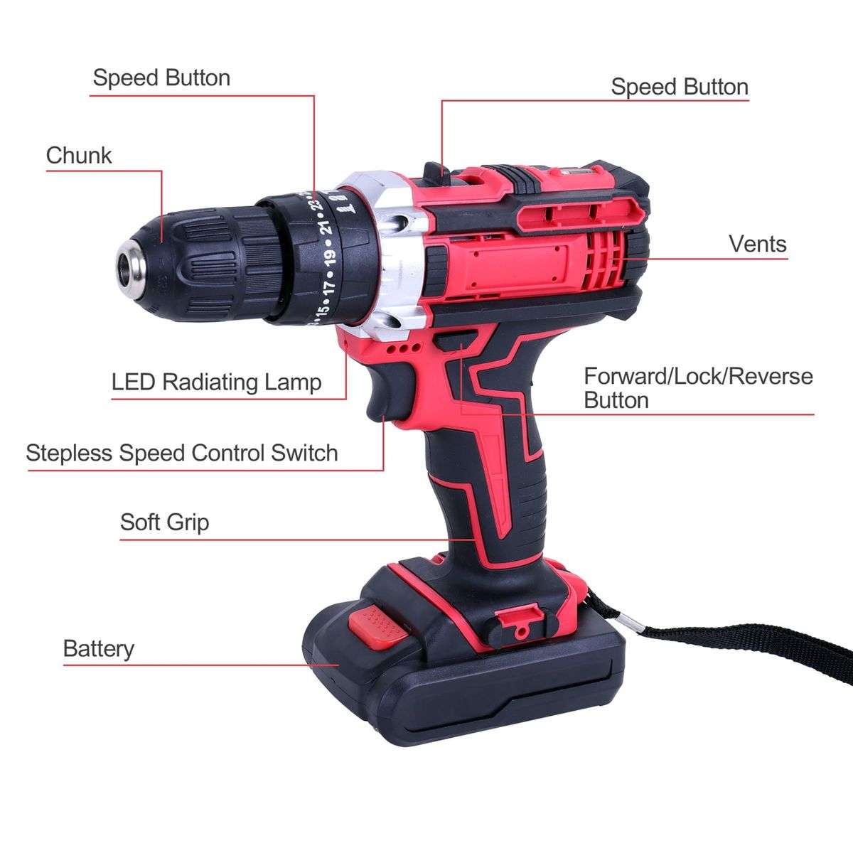 26 Pieces Wireless Red Drill Set With 2 Lithium Battery Packs, Case & Gloves