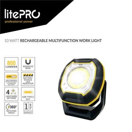 LitePro 10W Rechargeable Multifunction Work Light (800 Lumens) - Black - LitePro 10W Rechargeable...