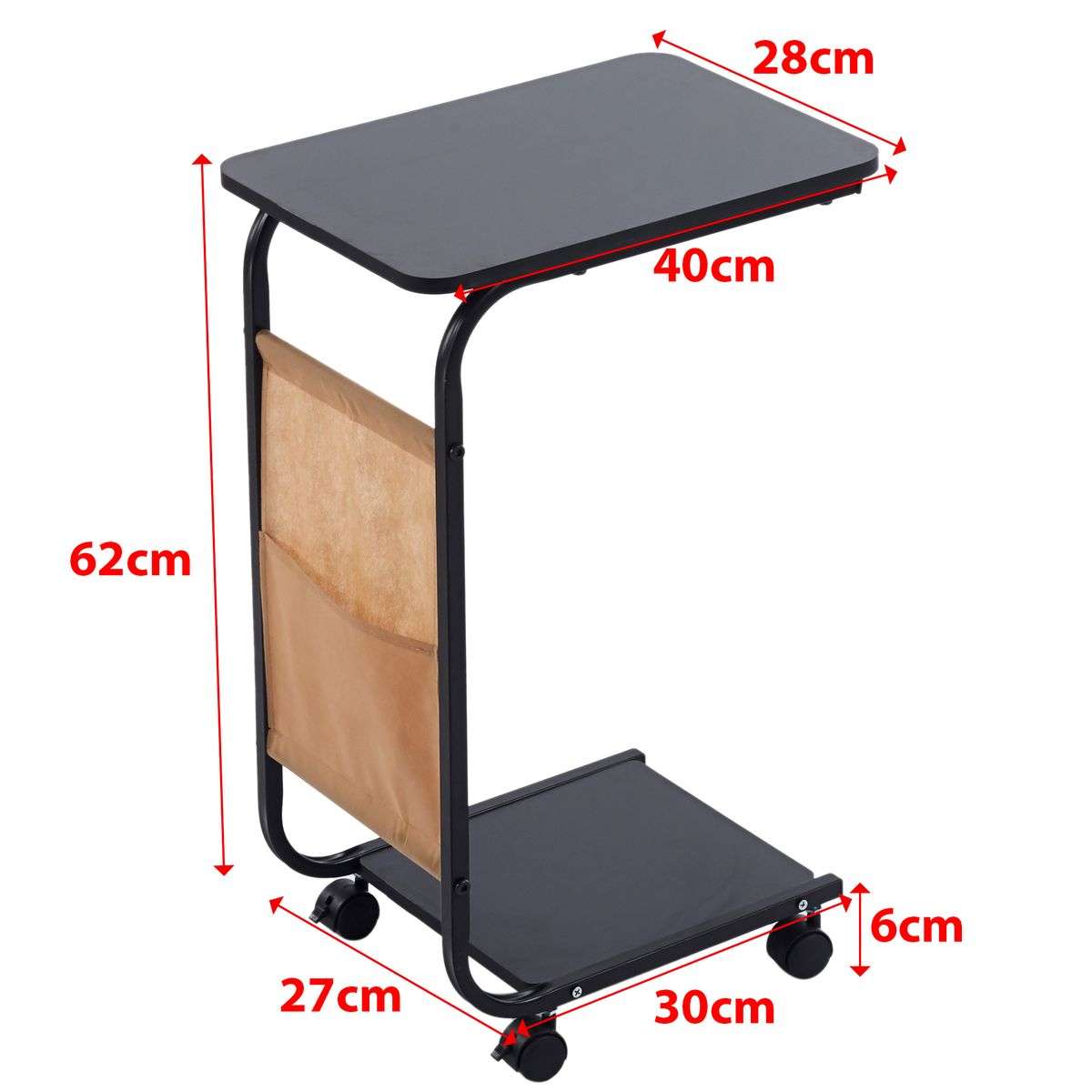 Bed Side Table with Storage Bag and Wheels - Black