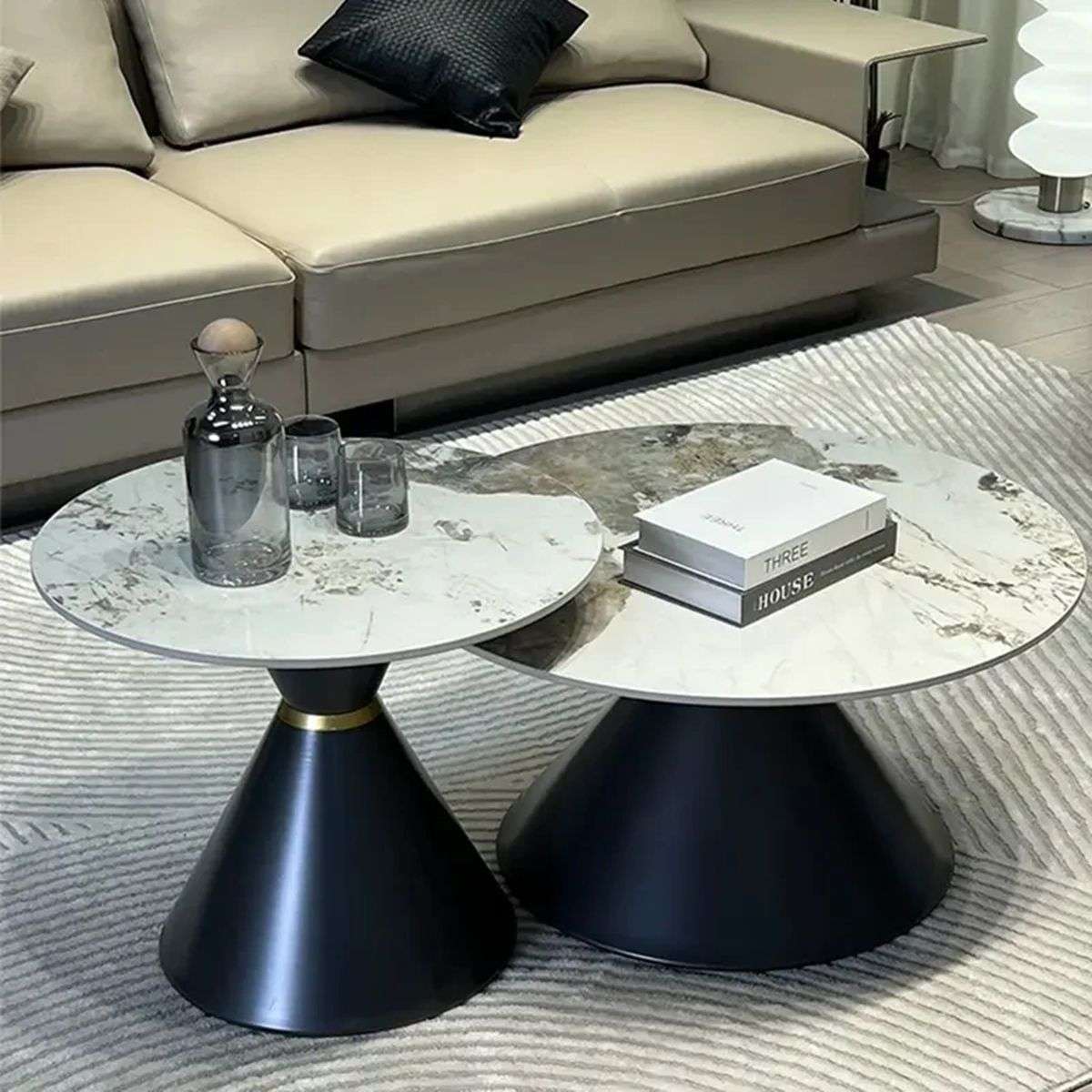 Metal Base and Marble Glass Top Coffee Table Set - 2 Piece Set