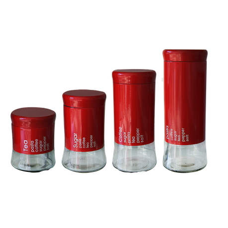 4 Piece Decadent Glass Jar Canister Set - Coffee Sugar Tea & Pasta - Red (PLEASE READ DESCRIPTION)