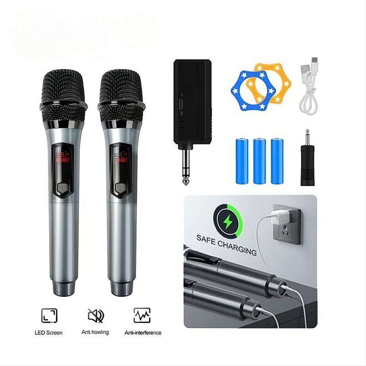 2Pc Wireless Handheld Microphone Set With Rechargeable Receiver & Batteries