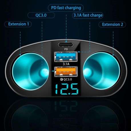 Car Cigarette Lighter Dispenser, 2 Outlet Adapter with LED Voltmeter for Car & Vehicle Use