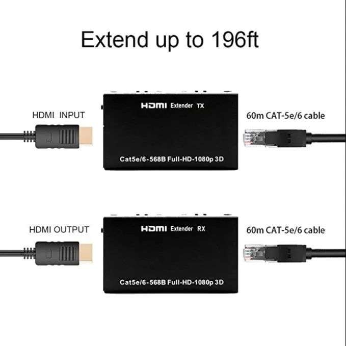 60M HDMI Extender Over Single CAT5e/6 1080P 3D w/ Transmitter & Receiver