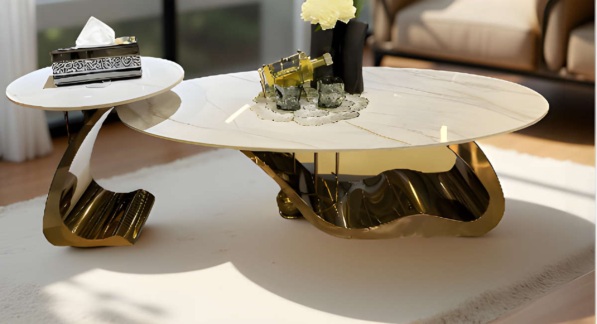 Luxury Modern Coffee Table Set - Marble Top and Gold Base - 2 Piece