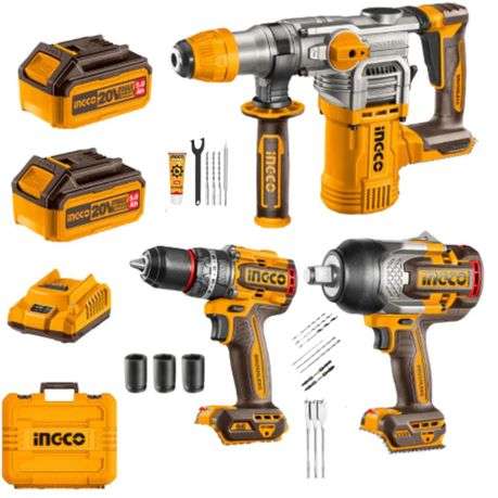 Ingco - Cordless Rotary Hammer, Impact Wrench & Impact Drill Combo - 20V - Ingco - Cordless Rotar...