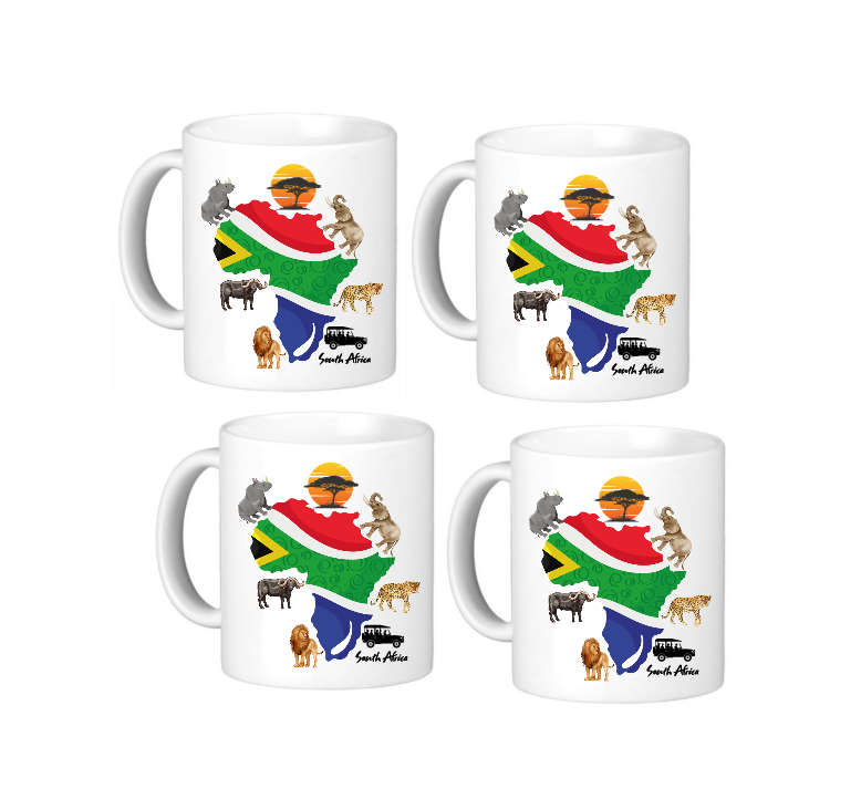 South African Safari Mug Set - Big 5 Animals & Map Design - 4 Ceramic Cups
