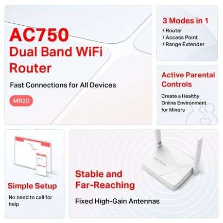 Mercusys - MR20 AC750 Wireless Dual Band Router - Mercusys - MR20 AC750 Wireless Dual Band Router