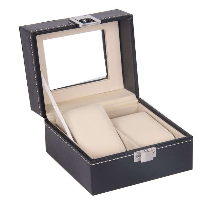 Jack Brown Luxury 2-Slot PU Leather Watch Display Box - Black(SECOND HAND)(CRACKED)