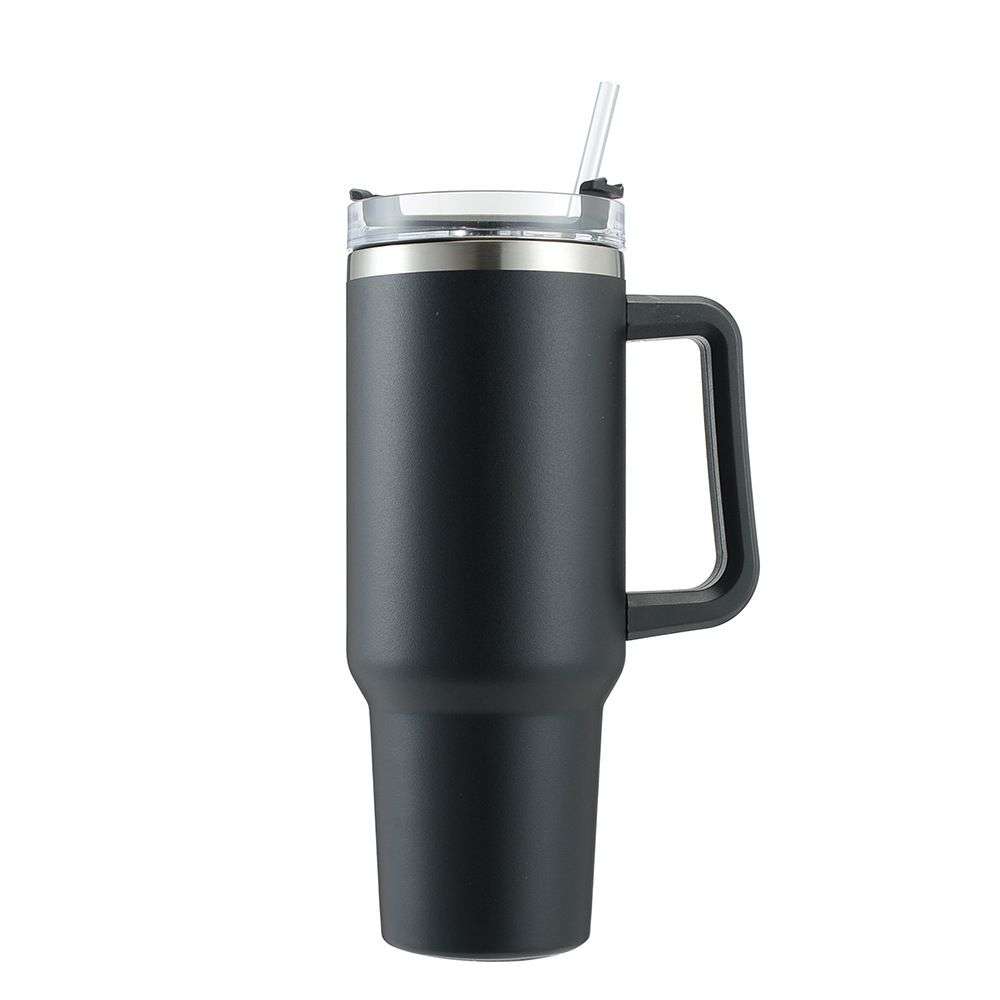 Double Wall Travel Mug Stainless Steel Vacuum Flask with Straw Hot/Cold - Black