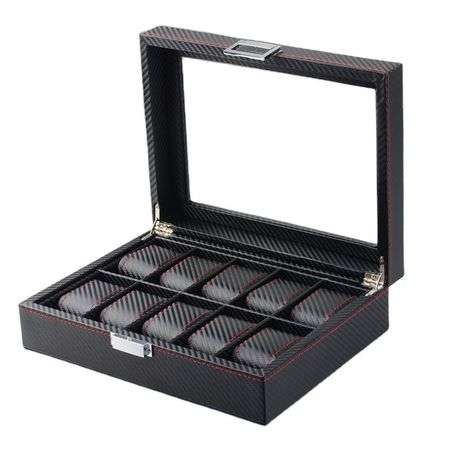 Jack Brown Luxury 10-Slot Carbon Fiber Watch Display Box - Black -BROKEN GLASS