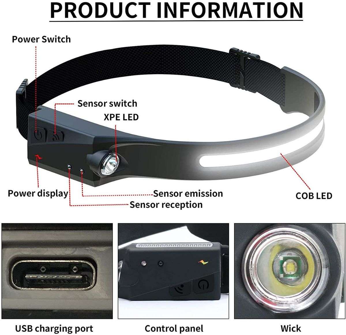 Multi-function LED Rechargeable Head Lamp - Black - Set of 3