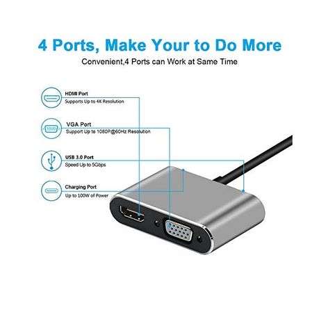 USB-C 4-in-1 Hub | 4K HDMI + VGA + USB 3.0 + 60W PD Charging | Laptop Docking Adapter