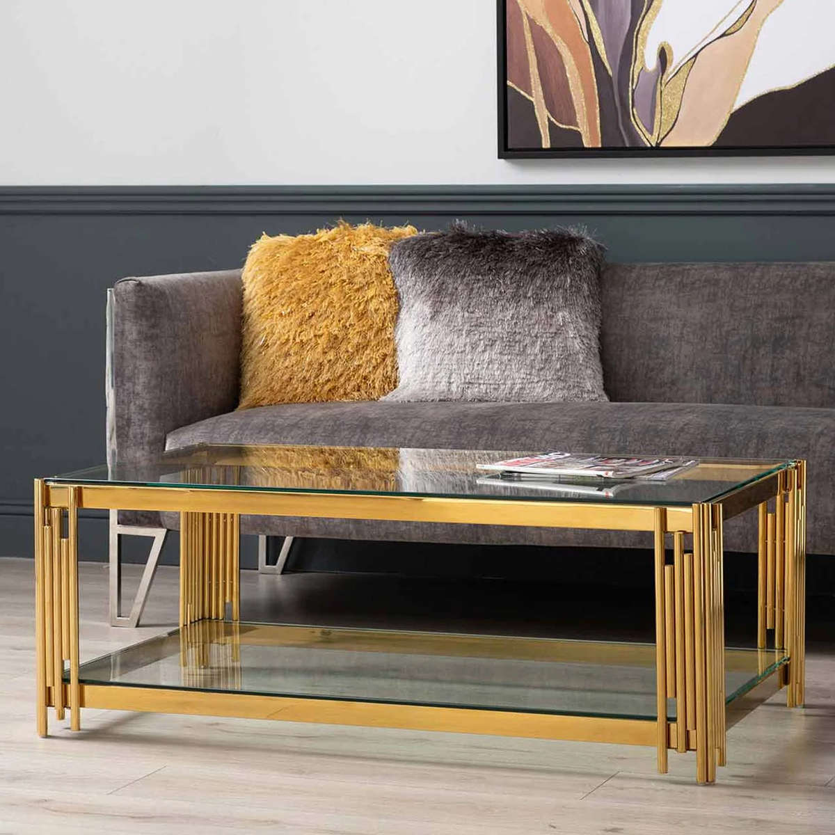 Rectangular Tempered Glass Top Coffee Table with Steel Frame-Gold or Silver