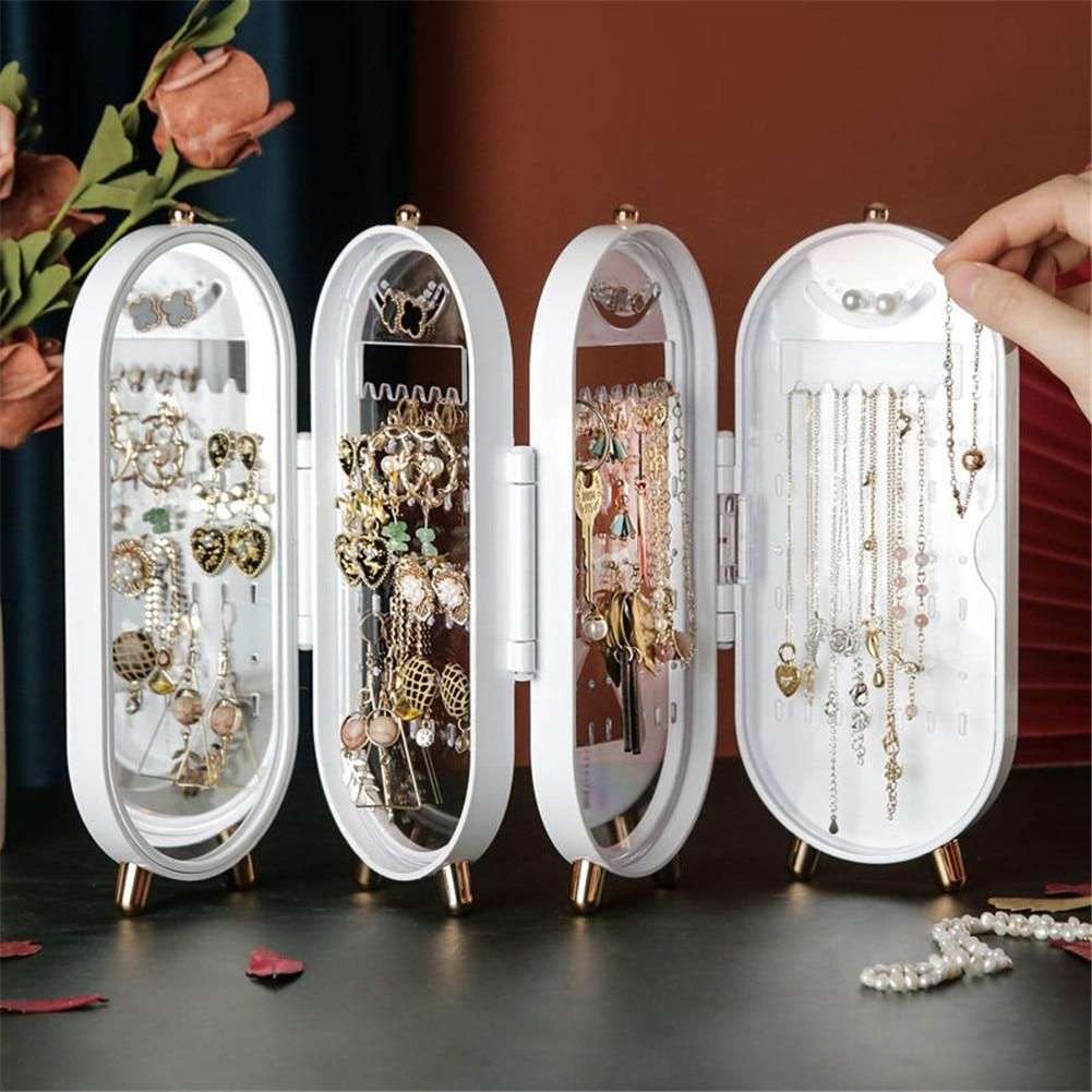 4-Tier Foldable Jewelry Display Storage Box Holder With Mirror - White
