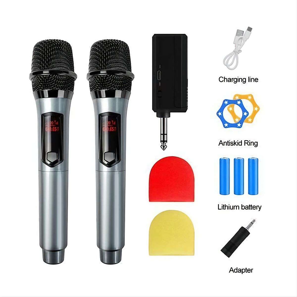 2Pc Wireless Handheld Microphone Set With Rechargeable Receiver & Batteries