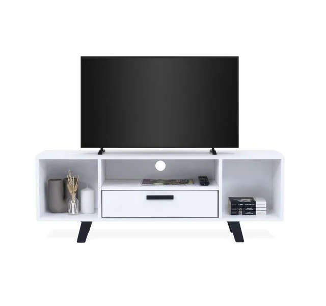 Modern TV Unit with Hinged Storage Door & Open Shelves - MDF Superwood -White