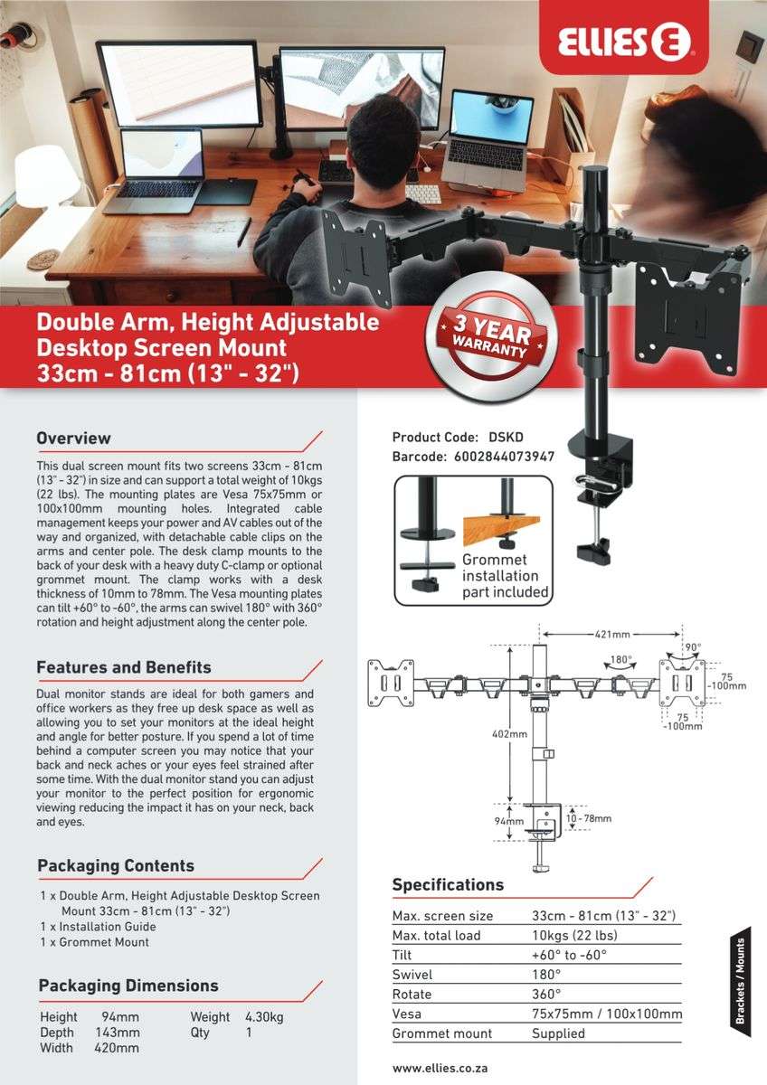 Ellies Double Arm Height Adjustable Monitor Mount 13 - 32 for desktop