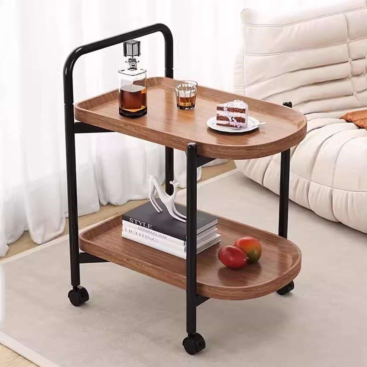 Movable Small Coffee Table 2 Layers Trolley End Table Teardop Shape