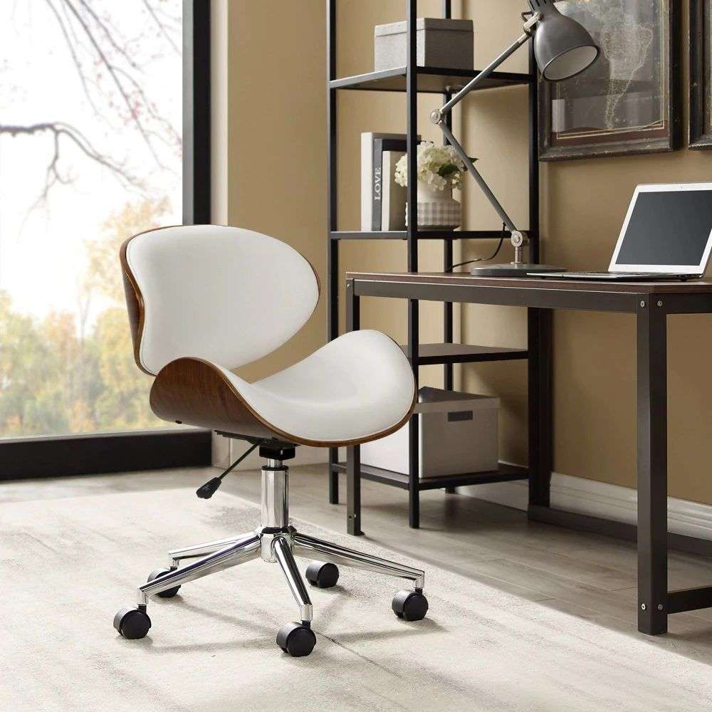Ergonomic U-type Backrest Wood 360° Swivel Office Chair With Gas lift - White Colour