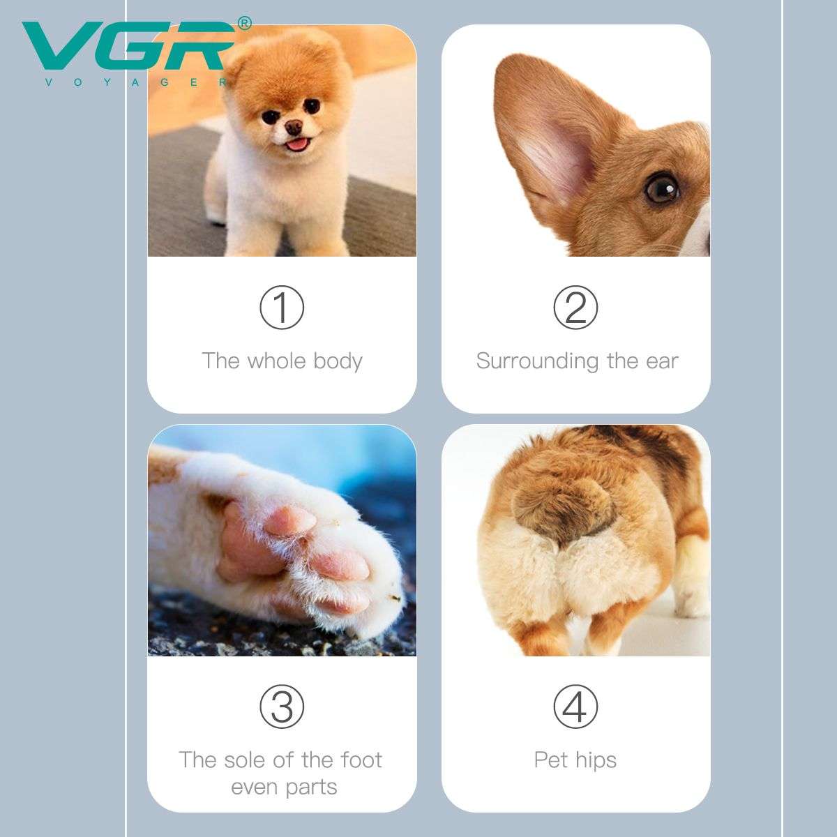 VGR Pet Hair Trimmer Clipper: 4-Comb Set with Ceramic Blade & Free Key Ring