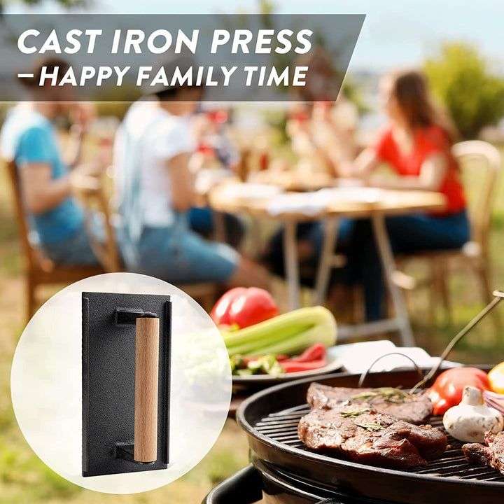 Cast Iron Meat, Burger & Bacon Press with Wooden Handle - Heavy Duty