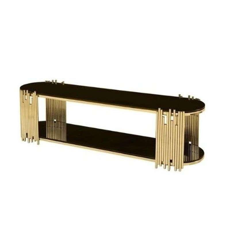 Plasma / Smart TV Stand -Black Glass Top and a Titanium Golden Stainless Steel Base