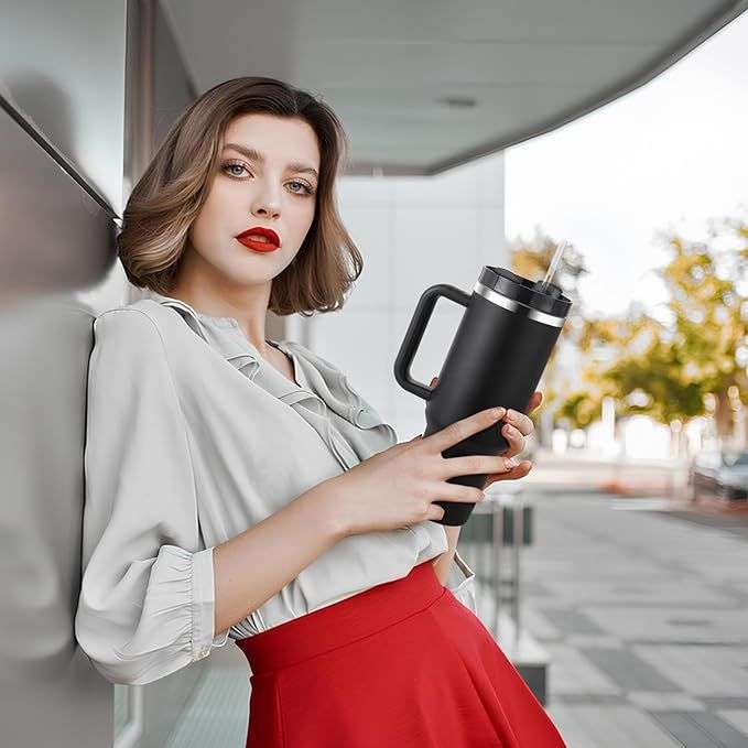 Double Wall Travel Mug Stainless Steel Vacuum Flask with Straw Hot/Cold - Black