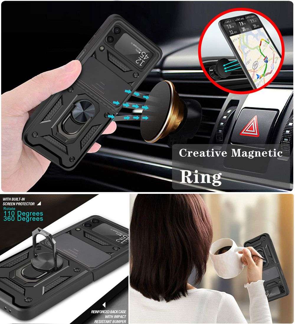 Dual Layer Protection Shockproof Ring Stand Holder Sliding Camera Case For Samsung Galaxy Z Flip3 5G