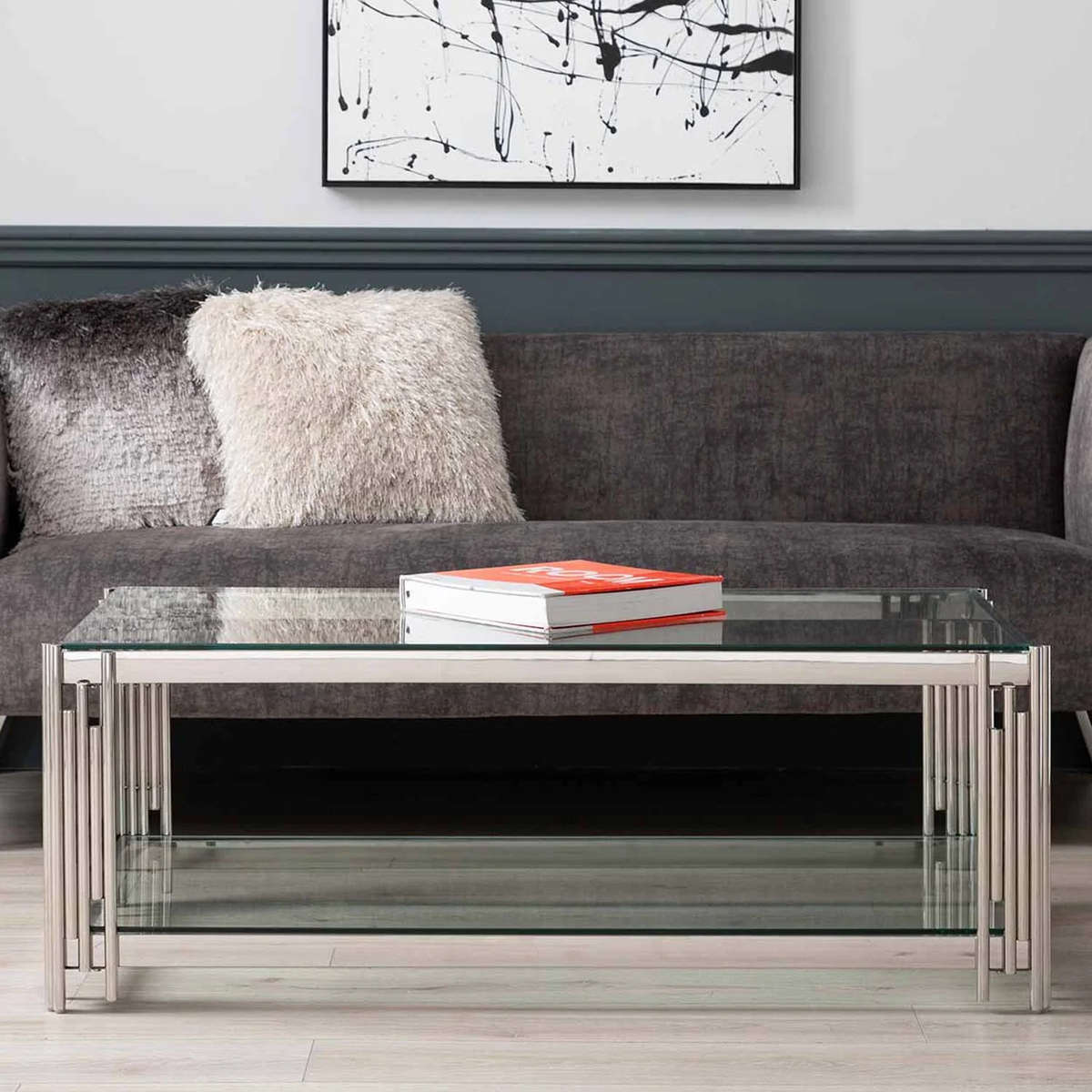 Rectangular Tempered Glass Top Coffee Table with Steel Frame-Gold or Silver