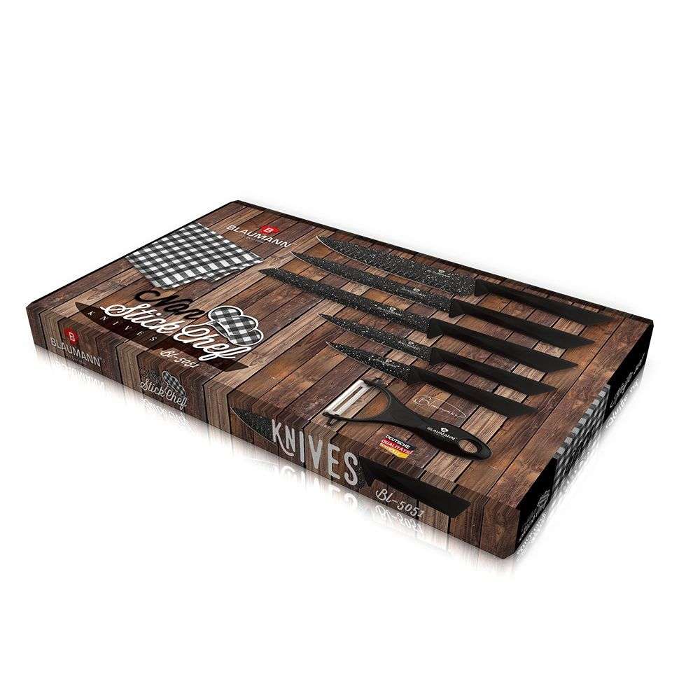 Blaumann 6 Piece Marble Coating Knife Set with Peeler Black
