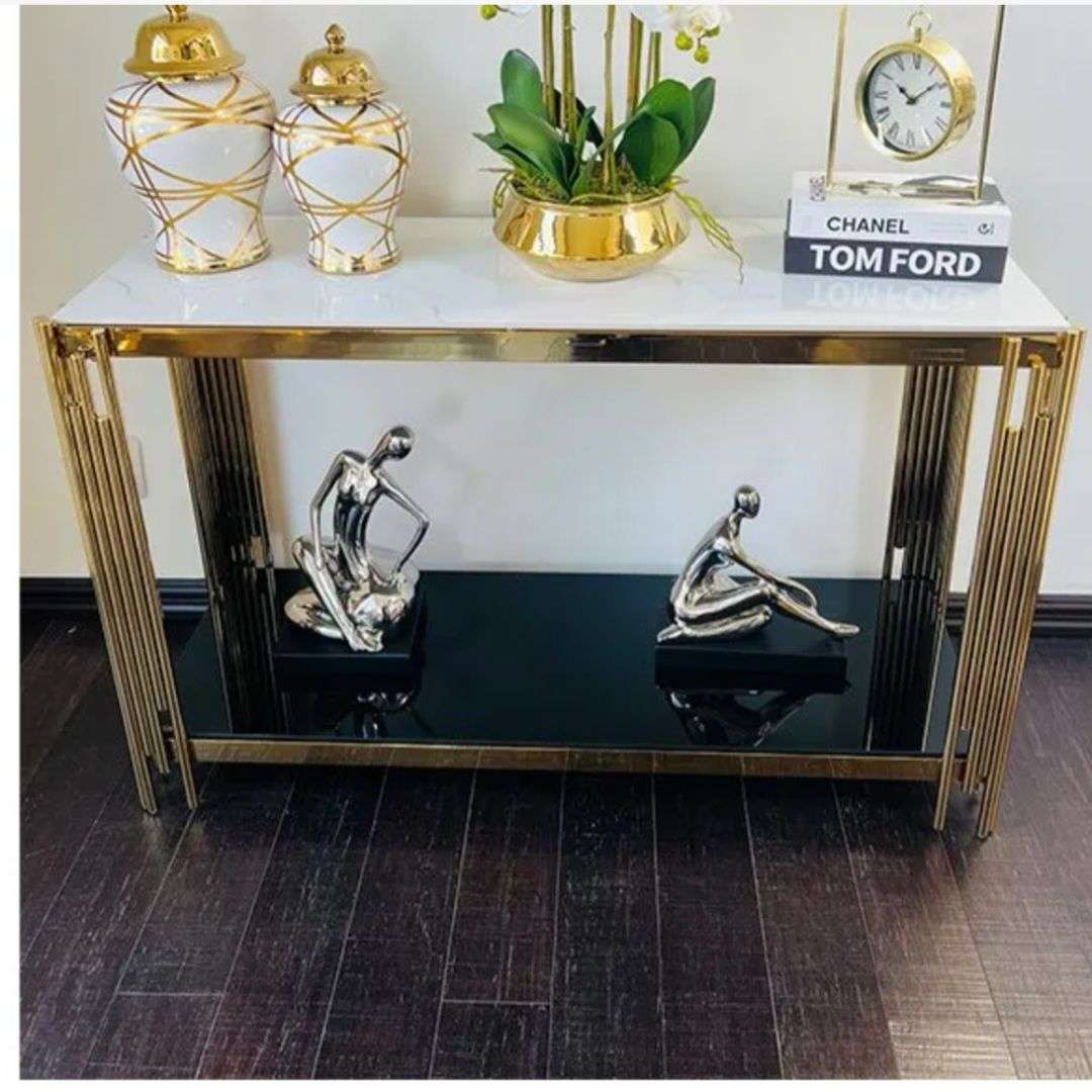 Server/Console Table - Stainless Steel Frame - Faux Marble Top-Gold or Silver