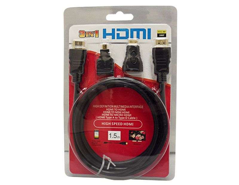 3 in 1 HDMI Full HD Cable with Mini  Micro Adaptors 129S 1.5M