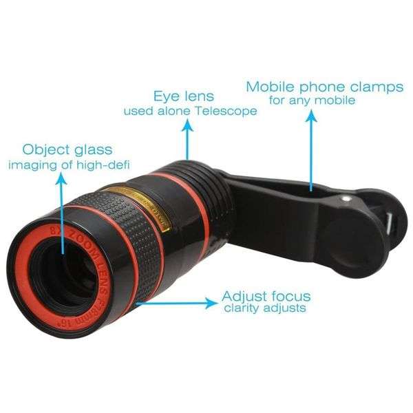 Universal 8x Zoom Telescope Camera Lens with Clip for Smartphone & Tablets - OPEN BOX